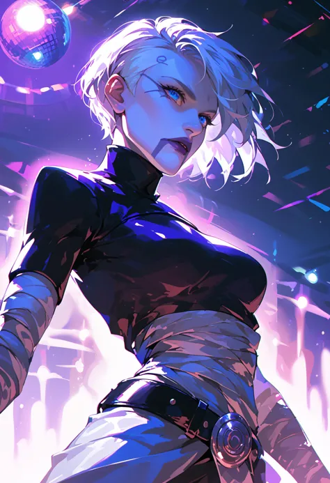 anime girl with white hair and blue eyes in a futuristic setting