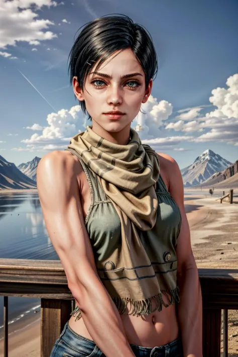 (masterpiece, best quality)
AnnaMetroExodus, 1girl, solo, looking at viewer, short hair, black hair, bare shoulders, upper body, outdoors, parted lips, sky, sleeveless, scarf, black eyes, lips, realistic
