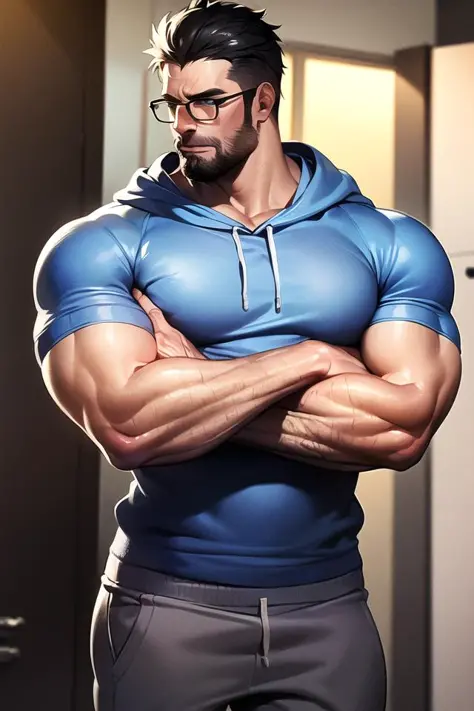 masterpiece, realism, best quality, locker room, muscle daddy wearing grey sweatpants and hoodie, eyeglasses, blue eyes, flexing, side profile, crossed arms, mature, standing, flaccid penis, hairy pecs, hairy arms, trousers down, ((cum:1)), <lora:onlycocks...