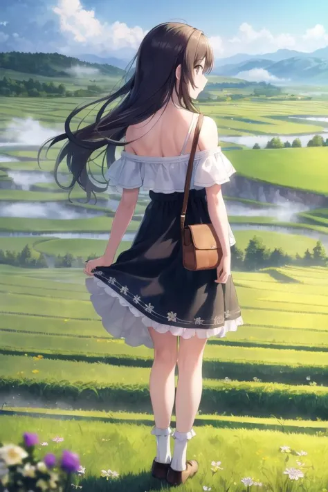 masterpiece,highres,extremely detailed CG unity 8k wallpaper, best quality, ultra-detailed, (best shadow), woman, mature, landscape,flower, off-shoulder dress, long hair,adjusting hair,floating hair,meadow, sunlight,day,cloudy sky,standing,castle,((from behind)), vanishing point ,field, rural, rice paddy,looking at landscape, panorama,overlook,socks,(high contrast:0.8),(((distant view))),blurry foreground,shoulder bag,