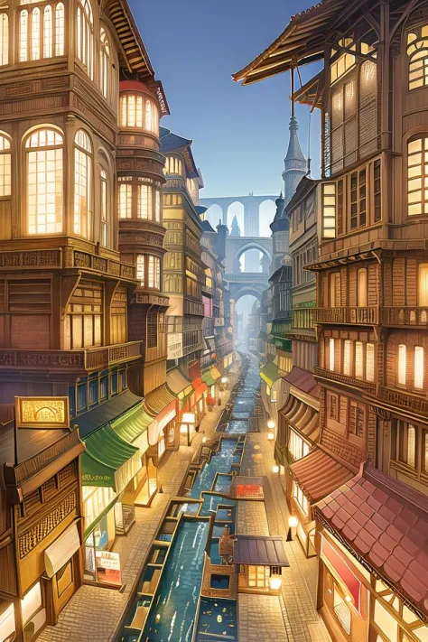 ((masterpiece)),((best quality)),((high detial)),((realistic,)) Industrial age city, deep canyons in the middle, architectural streets, bazaars, Bridges, rainy days, steampunk, European architecture