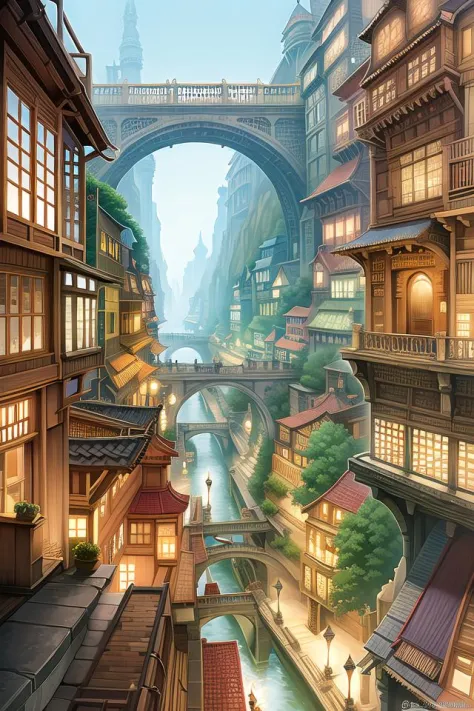 ((masterpiece)),((best quality)),((high detial)),((realistic,)) Industrial age city, deep canyons in the middle, architectural streets, bazaars, Bridges, rainy days, steampunk, European architecture