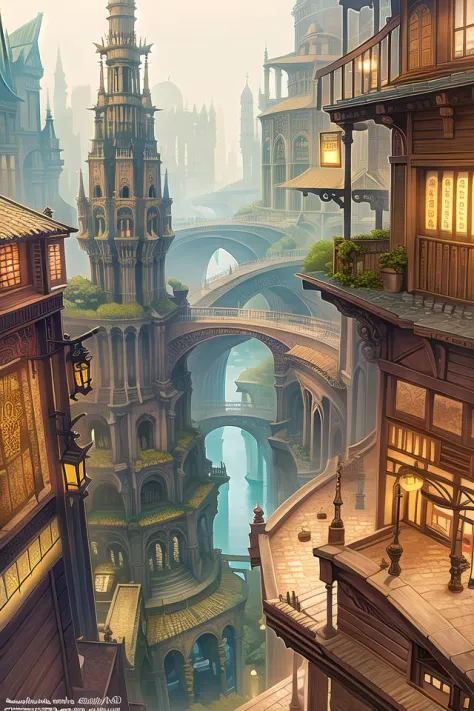 ((masterpiece)),((best quality)),((high detial)),((realistic,)) Industrial age city, deep canyons in the middle, architectural streets, bazaars, Bridges, rainy days, steampunk, European architecture