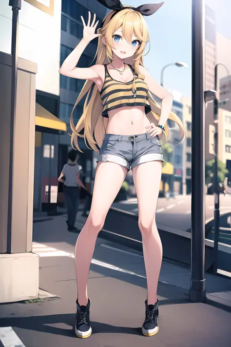 masterpiece, best quality, full body portrait of Rin Kagamine in her 20s, solo, blue eyes, long hair, black and yellow striped crop top, gray denim shorts, jewelry, perfect hands, city background, <lora:KagamineRinLORA:1>