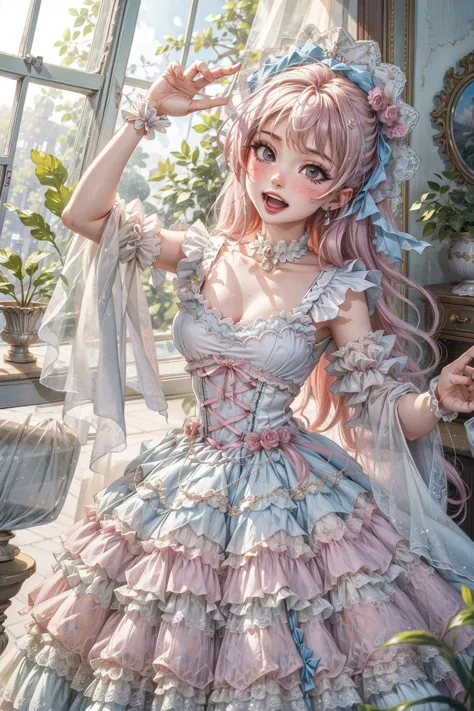 ((best quality, masterpiece)), ((style-swirlmagic):0.5), 1girl, lolita_dress , mansion , living room, plants at window, blush , ...