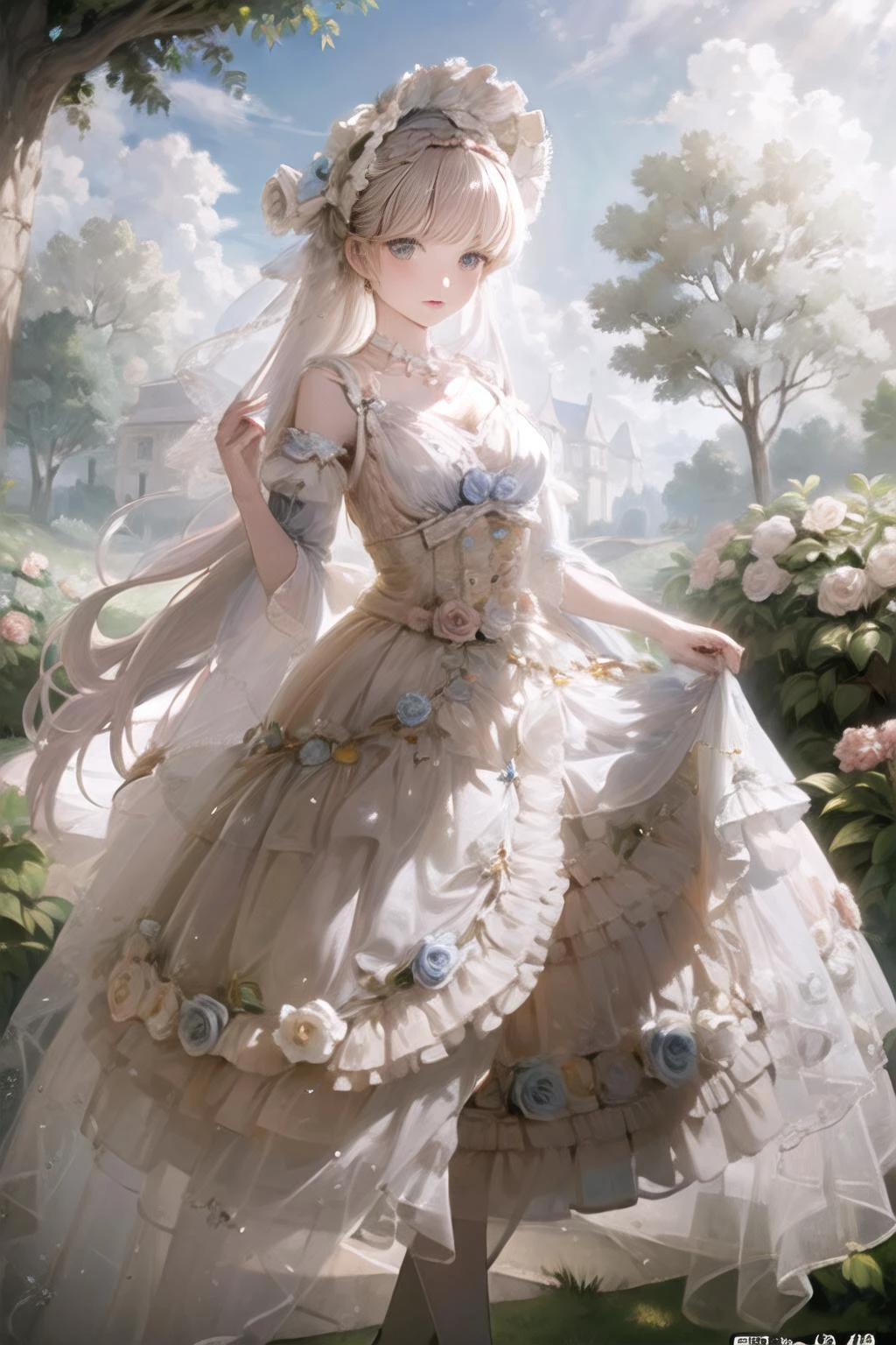 (masterpiece, top quality, best quality, official art, beautiful and aesthetic:1.2), 1girl, long black straight hair,  solo, standing in garden, looking at viewer, white lolita_dress, 