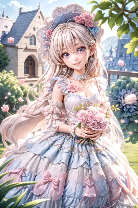 <lora:lolita_dress_classic_1_v3:0.5> lolita_dress, 1girl, full body, smiling, detailed clothes, look at viewer, best quality, masterpiece, hires, depth of field, outdoor, castle, flowers, petals, detailed background, having bouquet, diffused natural sunlight, diffused natural skin glow <lora:add_detail:1>