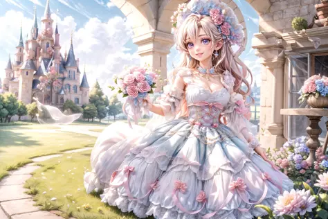 <lora:lolita_dress_classic_1_v3:0.5> lolita_dress, 1girl, full body, smiling, detailed clothes, look at viewer, best quality, masterpiece, hires, depth of field, outdoor, castle, flowers, petals, detailed background, having bouquet, diffused natural sunlight, diffused natural skin glow <lora:add_detail:1>