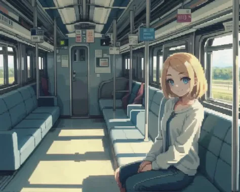 anime girl sitting on a train seat with her eyes closed