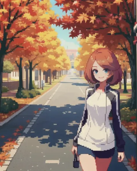 pixel art, 1girl, solo, smile, looking at viewer, beautiful character design, happy, eye focus, makeup, cowboy shot, walking in street of a autumn day, masterpiece, best quality, high quality