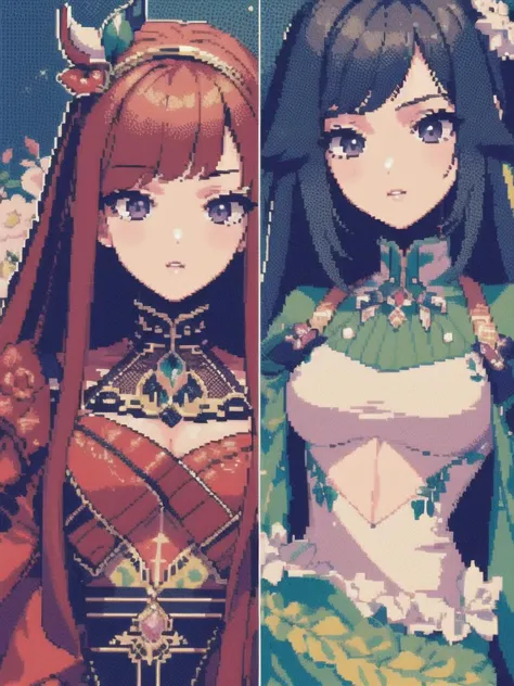 two anime characters with long hair and green dresses