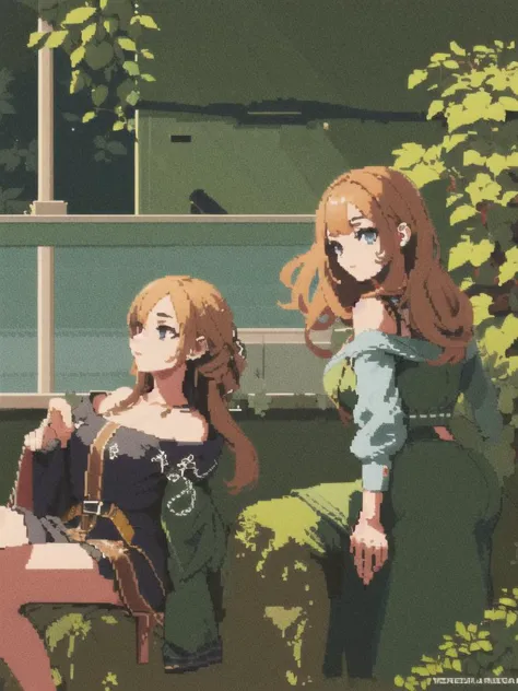 two anime girls sitting on a bench in a garden