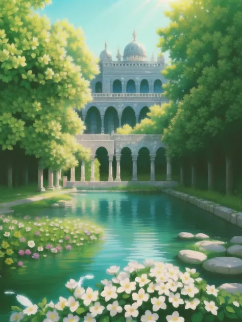 painting of a pond with flowers and a building in the background