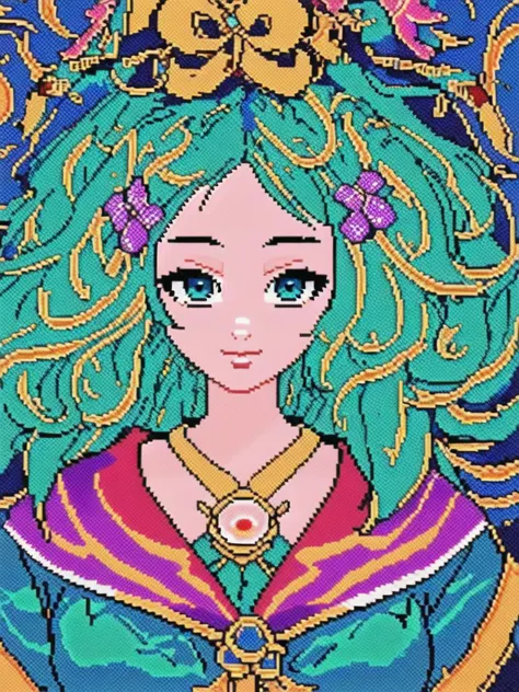 a pixel art of a woman with green hair and a crown