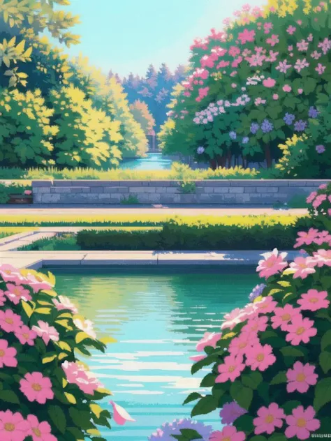 a painting of a pond with flowers and a bridge in the background