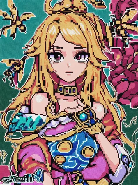 a pixel art of a woman with long blonde hair and a sword