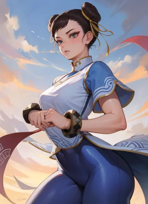 (masterpiece, best quality, high resolution), (illustration:1.0), extremely detailed face, perfect lighting, (perfect hands,perfect anatomy), (1girl, solo:1.5), glowing skin and perfect symmetrical pretty face ,cowboy shot,  chunlims,  hair bun, double bun, chinese clothes, solo, dress, bracelet, ribbon, pants, blue pants, makeup,  short sleeves, wide hips, thick thighs,  