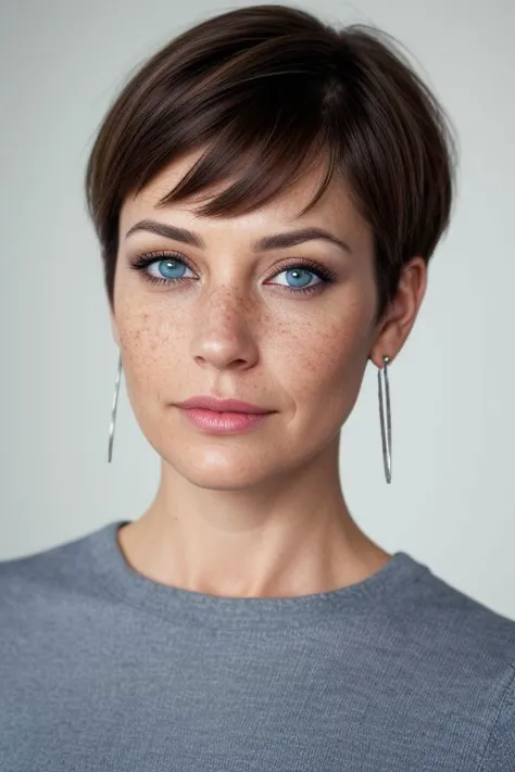 Extremely detailed professional realistic image of a 37 year old woman, pixie cut, natural skin, no freckles, blue eyes, wrinkle...