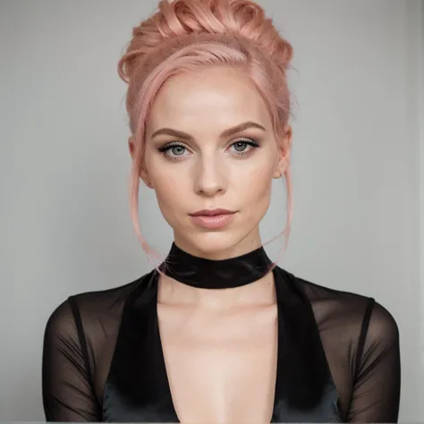 A Photograph of a modern woman with super cute pink hair, dressed in sleek black attire. The portrait captures her in a centered...