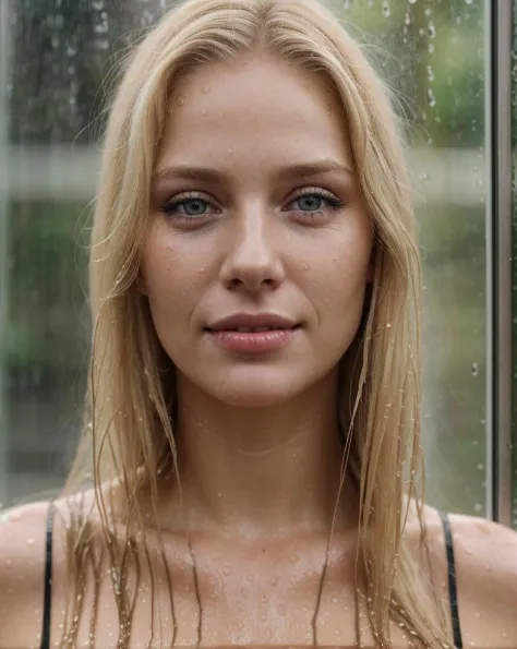 portrait of a blonde-haired girl,wet hair,night,rain,spray,wet misted window,cinematic,8k uhd,dslr,soft lighting,high quality,fi...