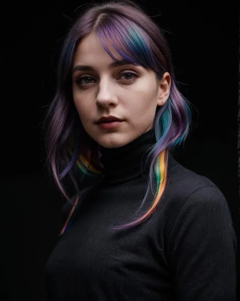 super cute rainbow hair woman in a dark theme stunning intricate full color portrait of (sks woman:1),wearing a black turtleneck...