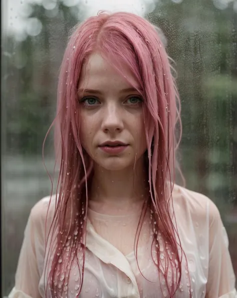portrait of a pink-haired girl,scared and nervous,wet hair,night,rain,spray,wet misted window,cinematic,8k uhd,dslr,soft lightin...