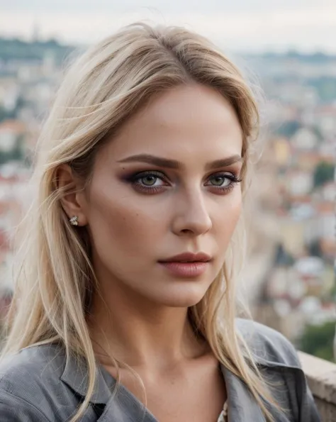 photo of a gorgeous woman),((white messy hair)),(soft even lighting),(prague city behind),((wearing clothes)),detailed face,detailed eyes,((close-up portrait)),masterpiece,((best quality)),(eye contact),looking at the viewer,centred,shot from front,(8K, RA...