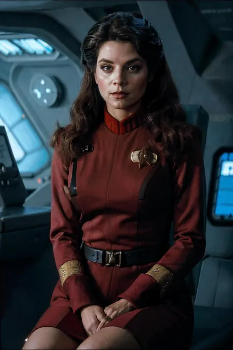 photorealistic photo of Krloal, a beautiful woman, stoic expression, wearing a red star trek uniform, sitting the captains chair on the bridge of a space ship, looking at the camera, realistic, (masterpiece:1.1), (best quality:1.1), beautiful, (intricate d...