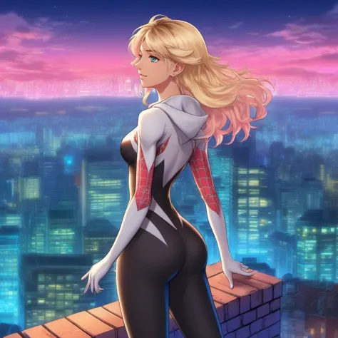 a woman in a spider suit standing on a ledge in front of a city