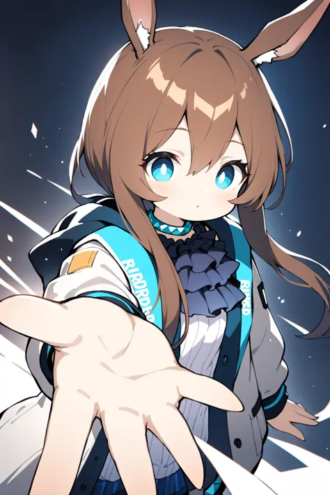 1girl, amiya \(arknights\), arknights, dirty face, outstretched hand, close-up, cinematic angle, foreshortening, dark, dark background, masterpiece, best quality