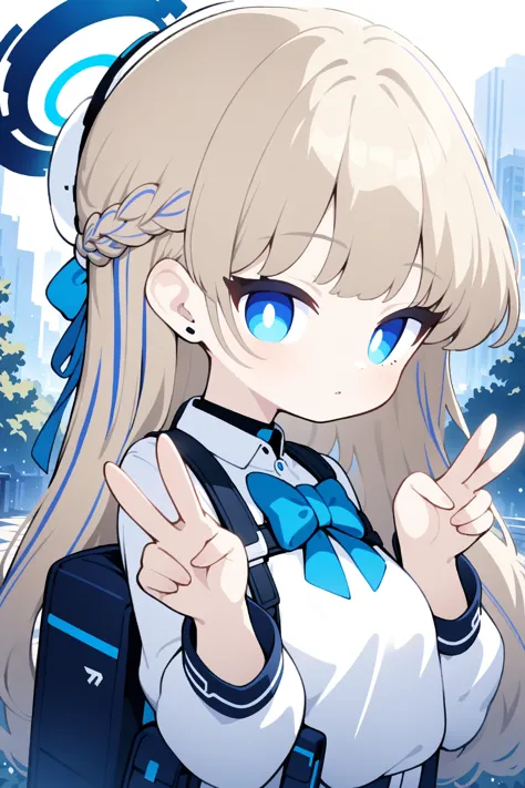 anime girl with blue eyes and a backpack making a peace sign