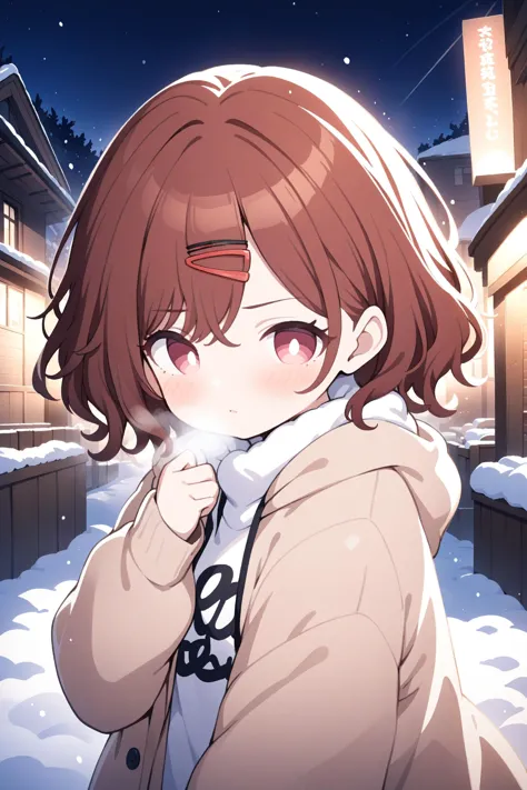 anime girl in winter clothes standing in front of a snowy street