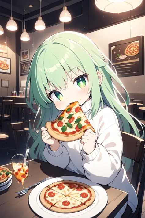 anime girl eating pizza in a restaurant with a glass of wine