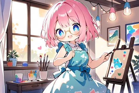 anime girl in a blue dress painting on a easel in a room