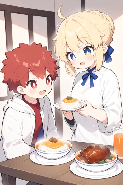 A boy and a girl, Emiya Shirou and Artoria Pendragon from fate series, having their breakfast in the dining room. Emiya Shirou wears white t-shirt and jacket. Artoria Pendragon wears white dress with blue neck ribbon. Rice, soup, and minced meats are served on the table. They look at each other while smiling happily, masterpiece, best quality