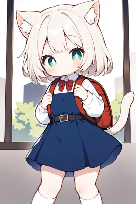 1girl, cat ears, tail, nice hands, perfect hands, green eyes, backpack, pinafore dress, white shirt, white socks, long sleeves, aged down, short hair, belt, red bowtie, bangs, school uniform, blue dress, collared shirt