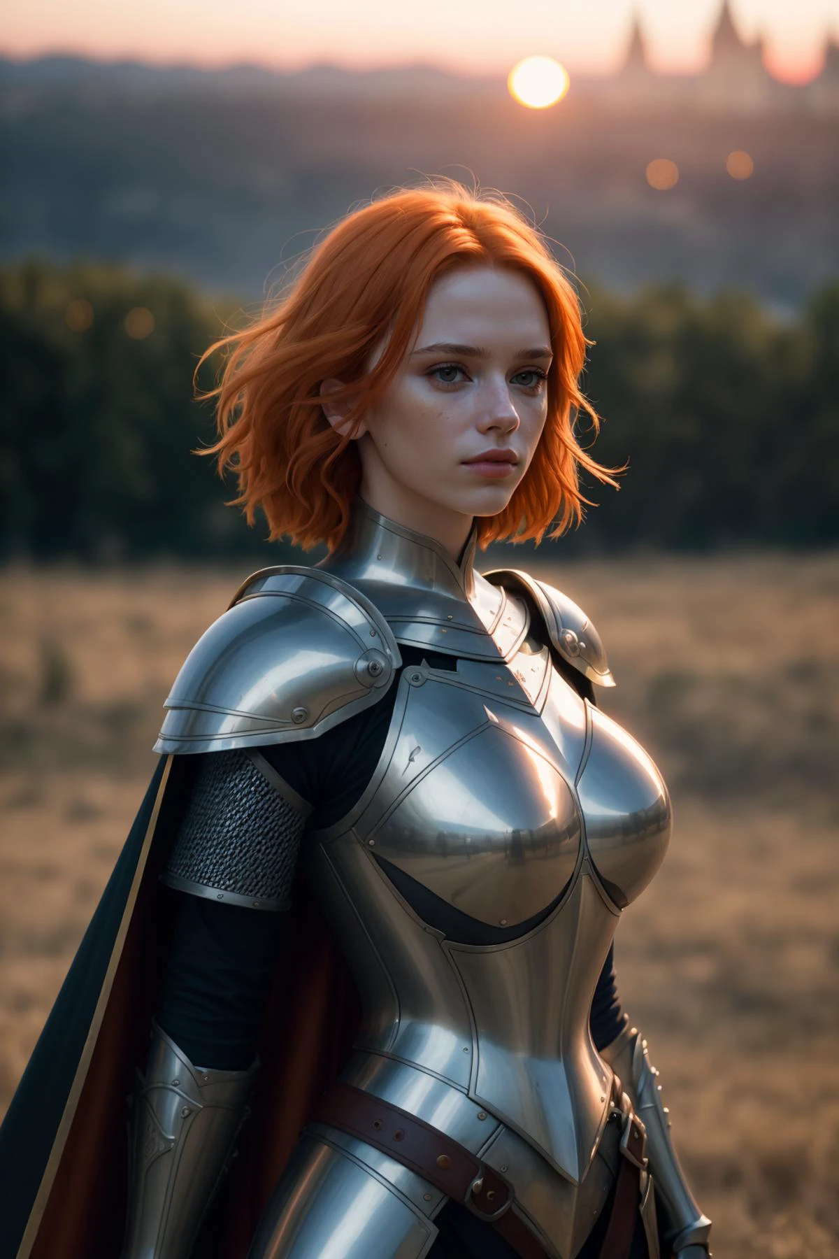 (masterpiece), (extremely intricate:1.3), (realistic), portrait of a girl, the most beautiful in the world, (medieval armor), metal reflections, long waving cape, upper body, orange hair, short hair, outdoors, intense sunlight, far away castle, professional photograph of a stunning woman detailed, sharp focus, dramatic, award winning, cinematic lighting, octane render  unreal engine,  volumetrics dtx, (film grain, blurry background, blurry foreground, bokeh, depth of field, sunset, motion blur:1.3), chainmail,  