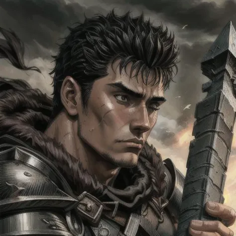 <lora:Guts_08:0.6>  guts \(berserk\), armor, black armor, bandages, close view, face to viewer, long sword,  one eye closed, man...