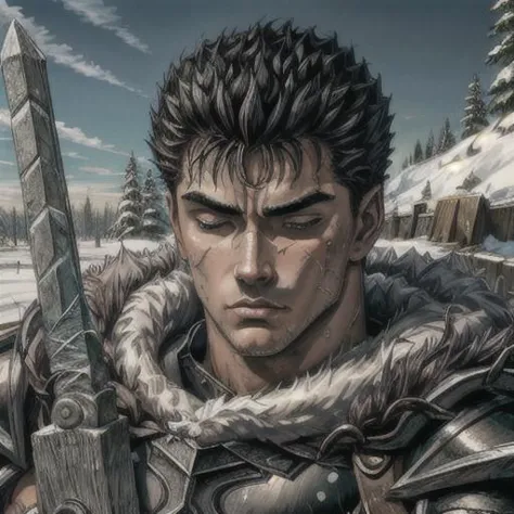 <lora:Guts_08:0.6>  guts \(berserk\), 1boy, armor, black armor, bandages, close view, face to viewer, snow field background, sno...