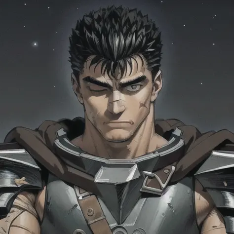 masterpiece, best quality, highly detailed, guts \(berserk\), 1boy, armor, bandages, black hair, cape, male focus, manly, one eye closed, scar, solo, (night:1.2), a lot of stars, (bright stars:1.2), forest, ultra detailed, focus on face, detailed face, ful...