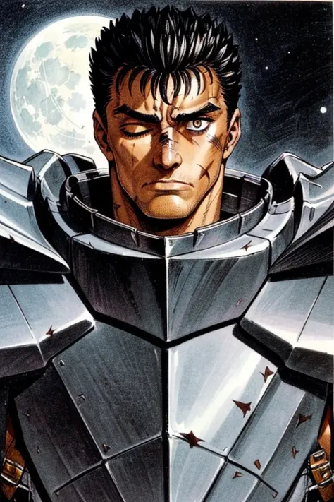 portrait of guts \(berserk\), 1boy, black hair, ((depressed)), sad,  expressionless face, lifeless,  looking away, male focus, one eye closed, dark background, scar, scar on face, scar on nose, cape, full armor, short hair, solo, black armor, upper body, weapon on back, full moon,  traditional media, dark