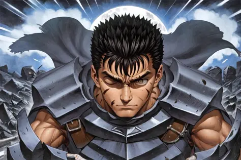 masterpiece, best quality, highly detailed, guts \(berserk\), (chibi),  dynamic angle, from above, running fighting stance, attack battle form, floating debris dust stones winds,armor,  one eye closed, scar, bandages, black hair, cape, male focus, manly, h...