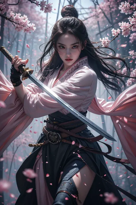 <lora:SwordSakura:0.8>,upper body,blade to side,strike pose,blade down,blade right hand,<lora:UBWKatanaOneHand:0.5>,cherry bloss...