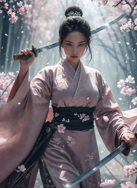 Sword Sakura,upper_body,1girl,weapon,black hair,sword,petals,cherry blossoms,long hair,chinese clothes,blurry,hair bun,hair ornament,looking at viewer,holding sword,long sleeves,single hair bun,flower,
outdoors,best quality,masterpiece,illustration,an extremely delicate and beautiful,CG,unity,8k wallpaper,Amazing,finely detail,masterpiece,official art,extremely detailed CG unity 8k wallpaper,incredibly absurdres,huge filesize,ultra-detailed,highres,extremely detailed,beautiful detailed girl,realistic,<lora:SwordSakura:0.8>,<lora:UBWKatanaOneHand:0.5>,KatanaOneHand,blade across body,blade up,blade right hand,, (masterpiece, best quality, high quality, highres, ultra-detailed),