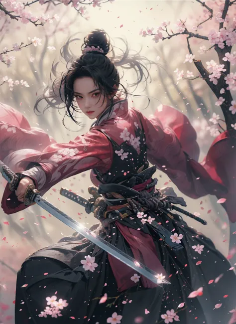Sword Sakura,upper_body,1girl,weapon,black hair,sword,petals,cherry blossoms,long hair,chinese clothes,blurry,hair bun,hair orna...