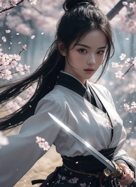 Sword Sakura,upper_body,1girl,weapon,black hair,sword,petals,cherry blossoms,long hair,chinese clothes,blurry,hair bun,hair orna...