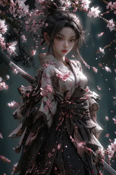 upper body,blade to side,strike pose,blade down,blade right hand,cherry blossoms,, (masterpiece, best quality, high quality, highres, ultra-detailed),
 