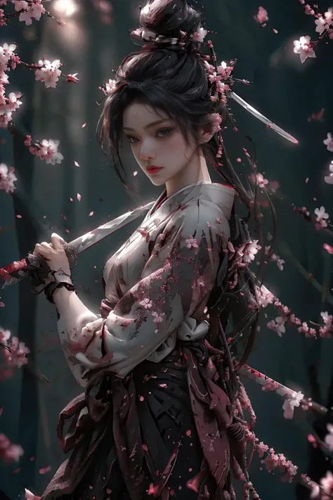 <lora:Sword Sakura:0.8>,upper body,blade to side,strike pose,blade down,blade right hand,<lora:UBWKatanaOneHand:0.5>,cherry blos...