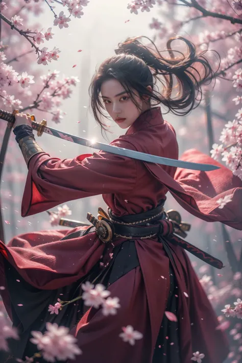 a woman in a red dress holding a sword in front of a tree