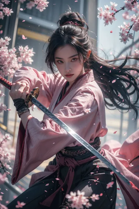 <lora:SwordSakura:0.7>,cherry blossoms,looking at viewer,<lora:niji_wushi:0.5>,holding sword,blade to side,strike pose,blade dow...